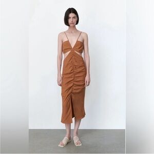 Zara Rust Brown Ruched Midi Dress